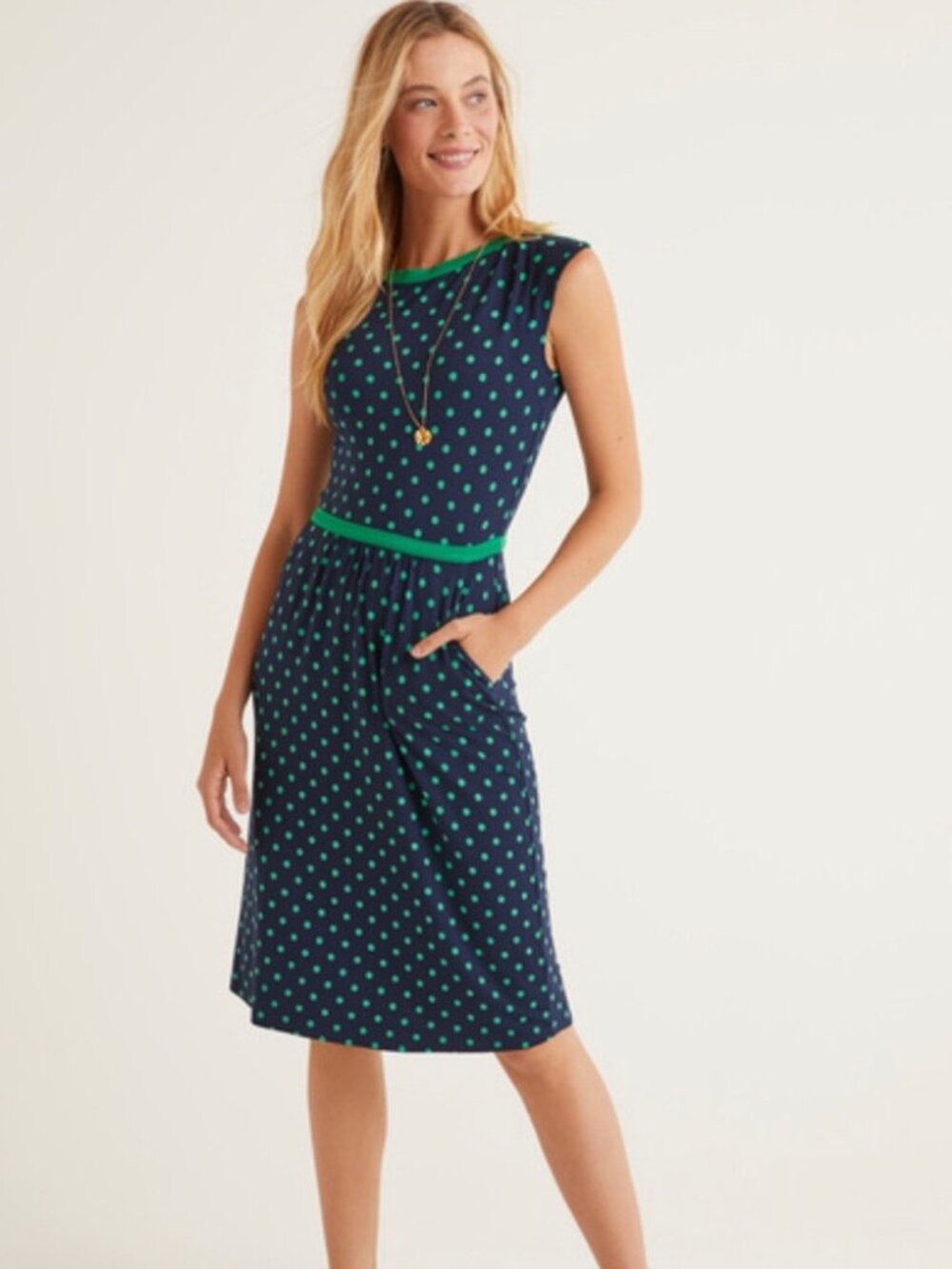 Boden Navy Green Polka Dot Boatneck Sleeveless Dress